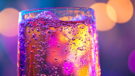 close up of a glass of champagne with bubbles and bokeh backgroundの写真素材