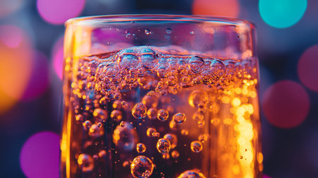 Champagne in a glass with bubbles on bokeh background.