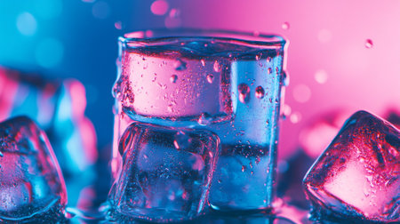 Ice cubes with water drops on a blue background, close-upの写真素材