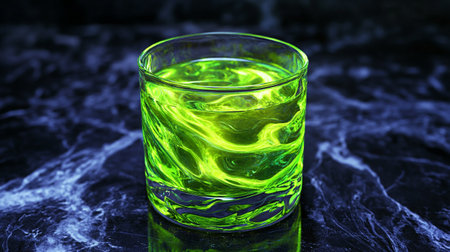 Glass of green cocktail on dark marble background. Close-up.
