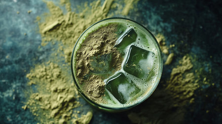 Iced matcha green tea in a glass on a dark backgroundの写真素材