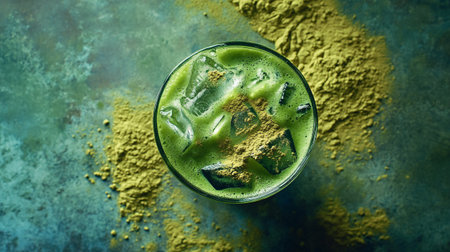 Matcha green tea latte with matcha powder, top viewの写真素材