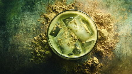 Iced green tea with turmeric powder and ice cubes in glassの写真素材