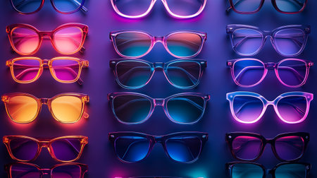 Sunglasses on a dark background. 3D rendering. Neon lights.