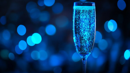 Champagne glass on blue bokeh background. New year conceptの写真素材