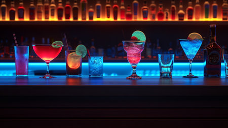 Colorful cocktails on bar counter in night club. Nightlife conceptの写真素材