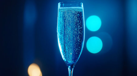 Champagne glass on blue background with bokeh lights. New Year and Christmas celebration.の写真素材