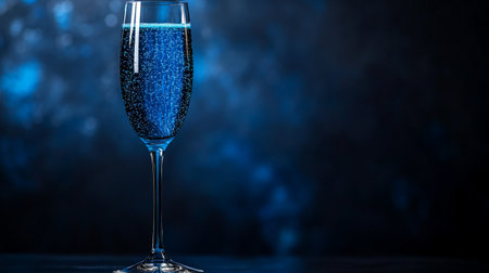 Champagne glass on blue bokeh background with copy space.の写真素材