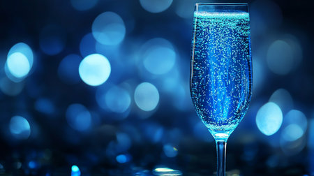 Blue sparkling champagne in a glass on a blue bokeh backgroundの写真素材