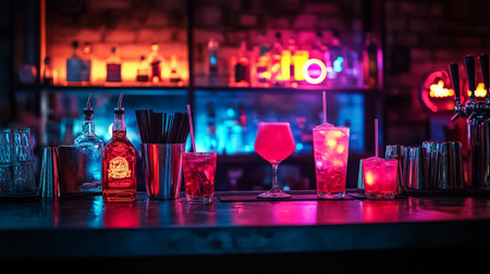 Alcohol cocktail drink on the bar counter in nightclub. Colorful bright lightsの写真素材