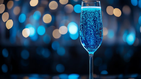 Champagne glass on the background of blue bokeh lights.の写真素材