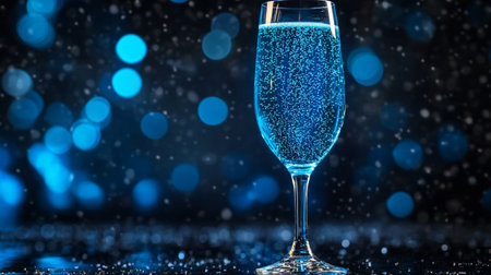 Champagne glass on blue bokeh background. New Year and Christmas conceptの写真素材