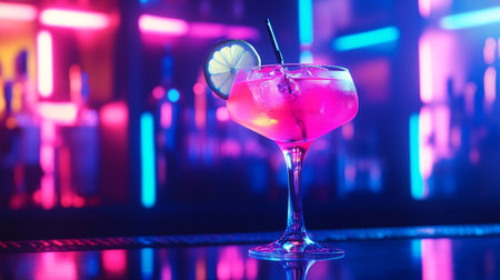 Cocktail on the bar counter in the nightclub. Colorful backgroundの写真素材