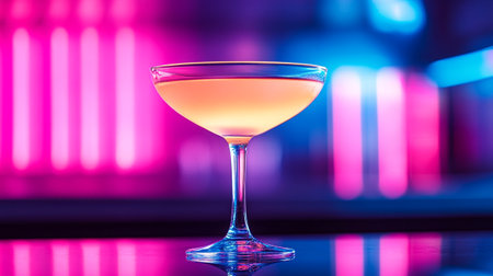 Colorful cocktail in martini glass on the bar counter with neon backgroundの写真素材