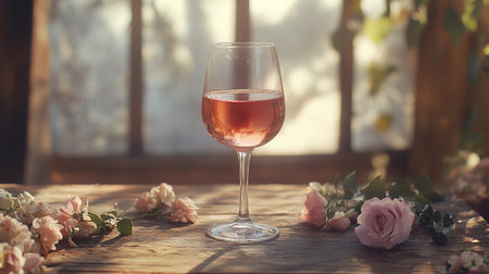 Glass of rose wine on a wooden table in a rustic settingの写真素材