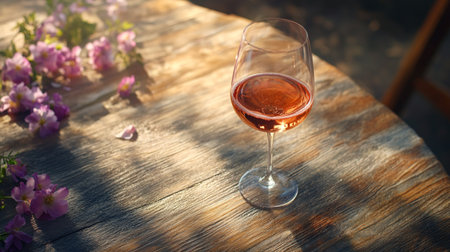 Glass of red wine on a wooden table with flowers in the backgroundの写真素材
