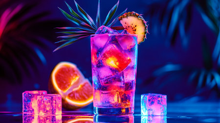 Cocktail with orange, pineapple and ice cubes on blue backgroundの写真素材