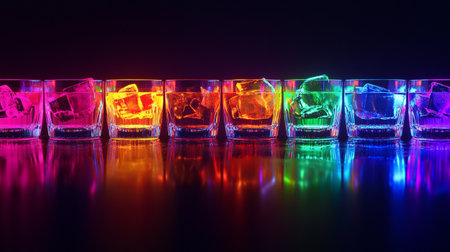 Colorful ice cubes in a row on a black background with reflections