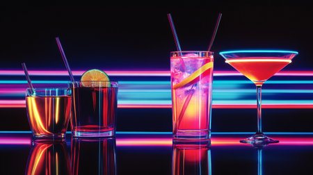 Glasses of cocktails on a black background with a colorful neon lightの写真素材