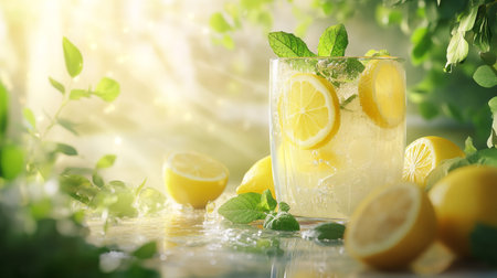 Lemonade with fresh lemons and mint on table in sunlightの写真素材