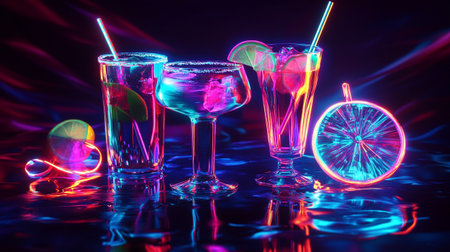 Glasses of cocktails on a dark background. Cocktails in neon light.の写真素材