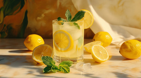 Glass of lemonade with ice and mint on table, closeupの写真素材