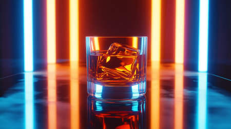 Glass of whiskey with ice cubes on dark background with colorful neon lights.の写真素材
