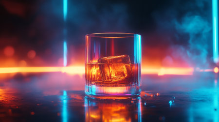 Glass of whiskey with ice cubes on dark toned foggy background. Alcohol drink concept. Selective focusの写真素材