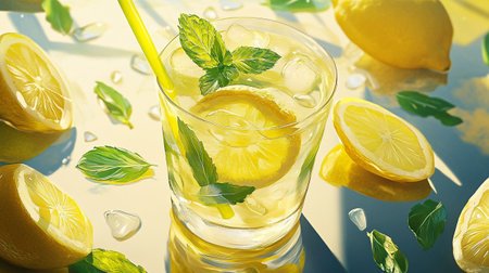 Glass of lemonade with ice cubes and mint leaves on glass tableの写真素材