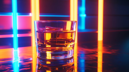 Glass of whiskey with ice on a black background with colored neon lightsの写真素材