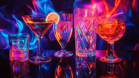 Cocktails in a bar on a dark background with fire.の写真素材