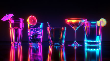 Colorful cocktails in glasses on a dark background with reflection. Close-up.の写真素材