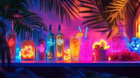 Set of bottles with drinks on the shelf against the background of palm leaves