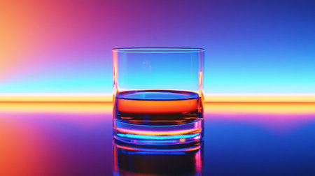 Whiskey in a glass on a blue-pink backgroundの写真素材