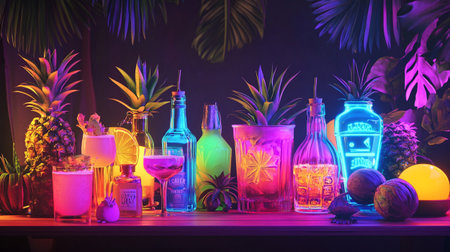 Colorful bottles and glasses with tropical fruits on the shelf in the night club