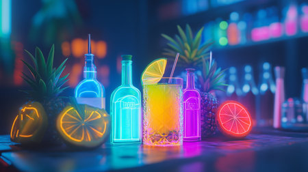 Neon cocktail bar counter with bottles, tubes and fruits. Nightlife conceptの写真素材
