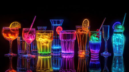 Cocktails in colorful glasses on a black background with reflection.の写真素材