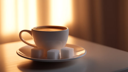 Cup of coffee with sugar cubes on the table in the morningの写真素材