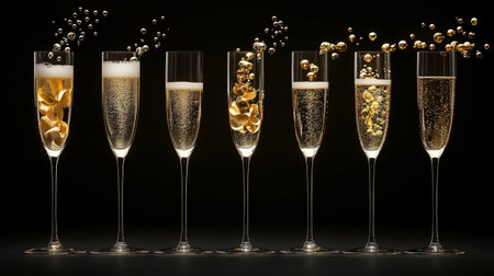 Glasses of champagne with golden bubbles on black background, celebration conceptの写真素材
