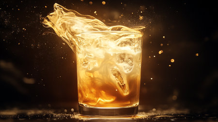 Whiskey with ice and splashes on a black background.