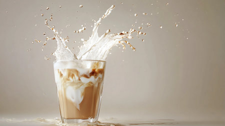 Coffee splashing into a glass with milk on white background