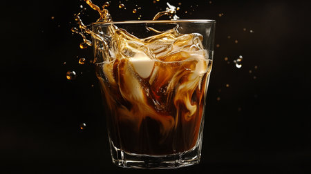 Coffee splash in a glass with ice cubes on a black backgroundの写真素材