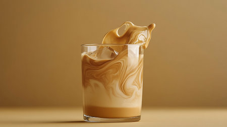 Coffee with milk splash in a glass on a beige backgroundの写真素材