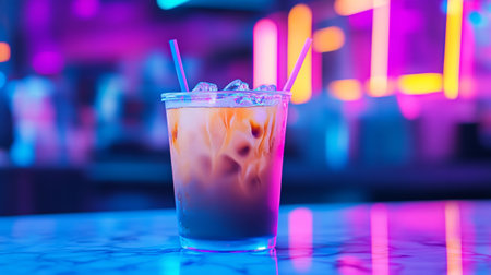 Glass of iced coffee on the bar counter in a nightclub.