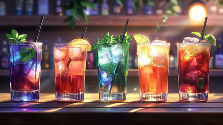 Cocktails in glasses on bar counter. 3d illustration.の写真素材