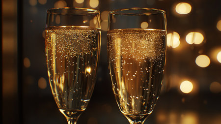 Glasses of champagne with bokeh lights on background, closeupの写真素材