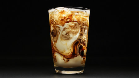 Coffee with milk in a glass on a black background.
