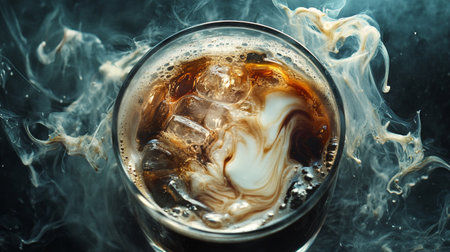 Coffee with ice cubes in a glass on a dark backgroundの写真素材