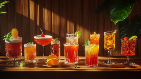 Cocktails in a row on wooden background. Alcoholic drinksの写真素材