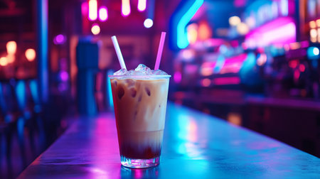 Iced coffee on the bar counter in night club with neon lightsの写真素材